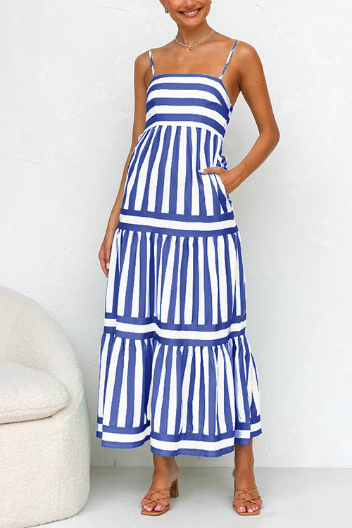 Sierra Spaghetti Strap Tiered Color Block Striped Maxi Dress