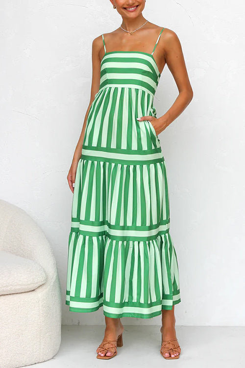 Sierra Spaghetti Strap Tiered Color Block Striped Maxi Dress