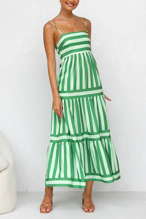 Sierra Spaghetti Strap Tiered Color Block Striped Maxi Dress