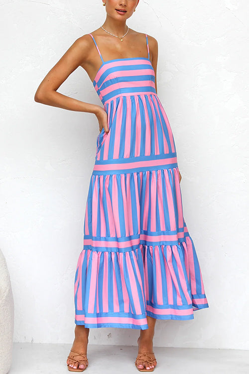 Sierra Spaghetti Strap Tiered Color Block Striped Maxi Dress