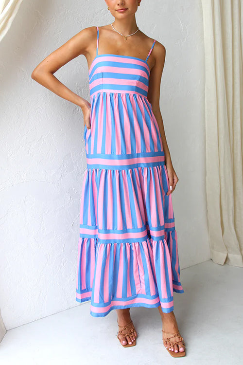 Sierra Spaghetti Strap Tiered Color Block Striped Maxi Dress