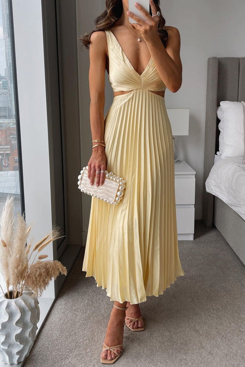 Sierra V Neck Cut Out Waist Sleeveless Pleated Maxi Dress