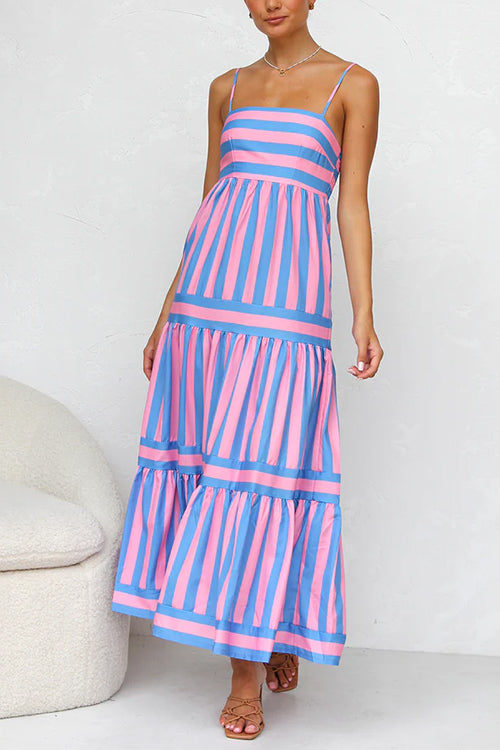 Sierra Spaghetti Strap Tiered Color Block Striped Maxi Dress