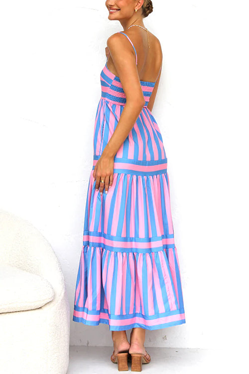 Sierra Spaghetti Strap Tiered Color Block Striped Maxi Dress