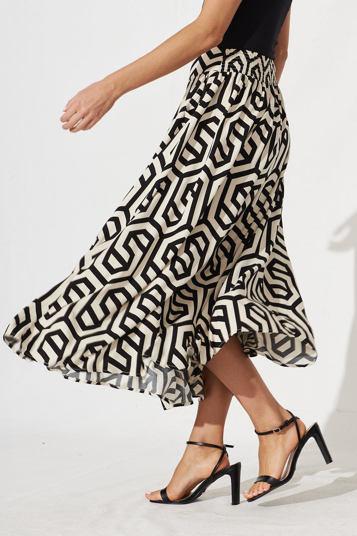 Brandsy Maxi Skirt In Cream With Black Geometric Print