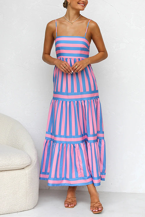 Sierra Spaghetti Strap Tiered Color Block Striped Maxi Dress