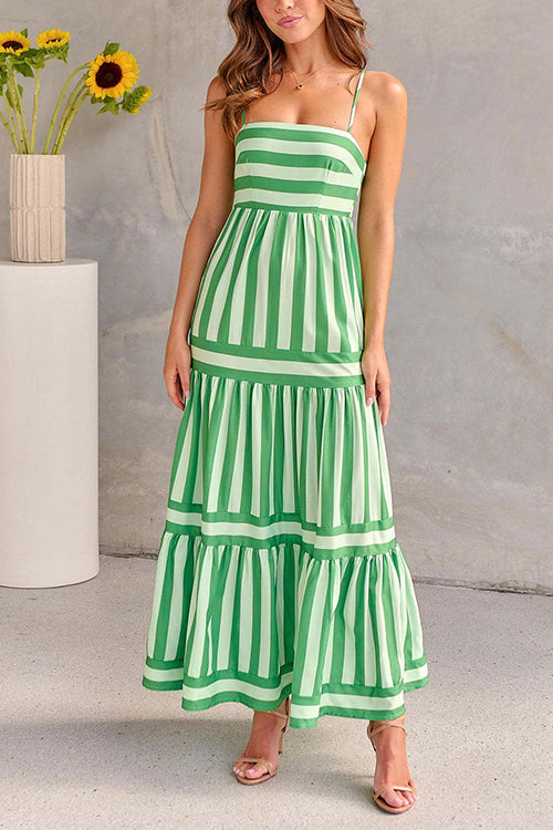 Sierra Spaghetti Strap Tiered Color Block Striped Maxi Dress