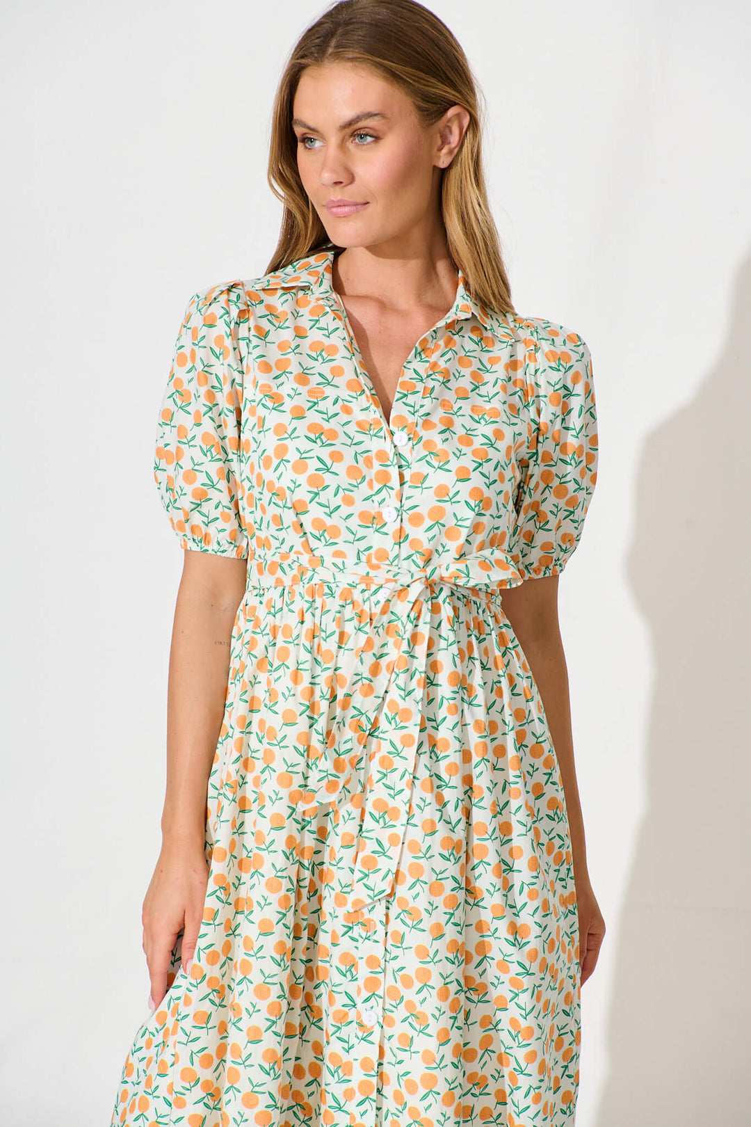 Delamere Midi Shirt Dress in White with Orange Print Cotton