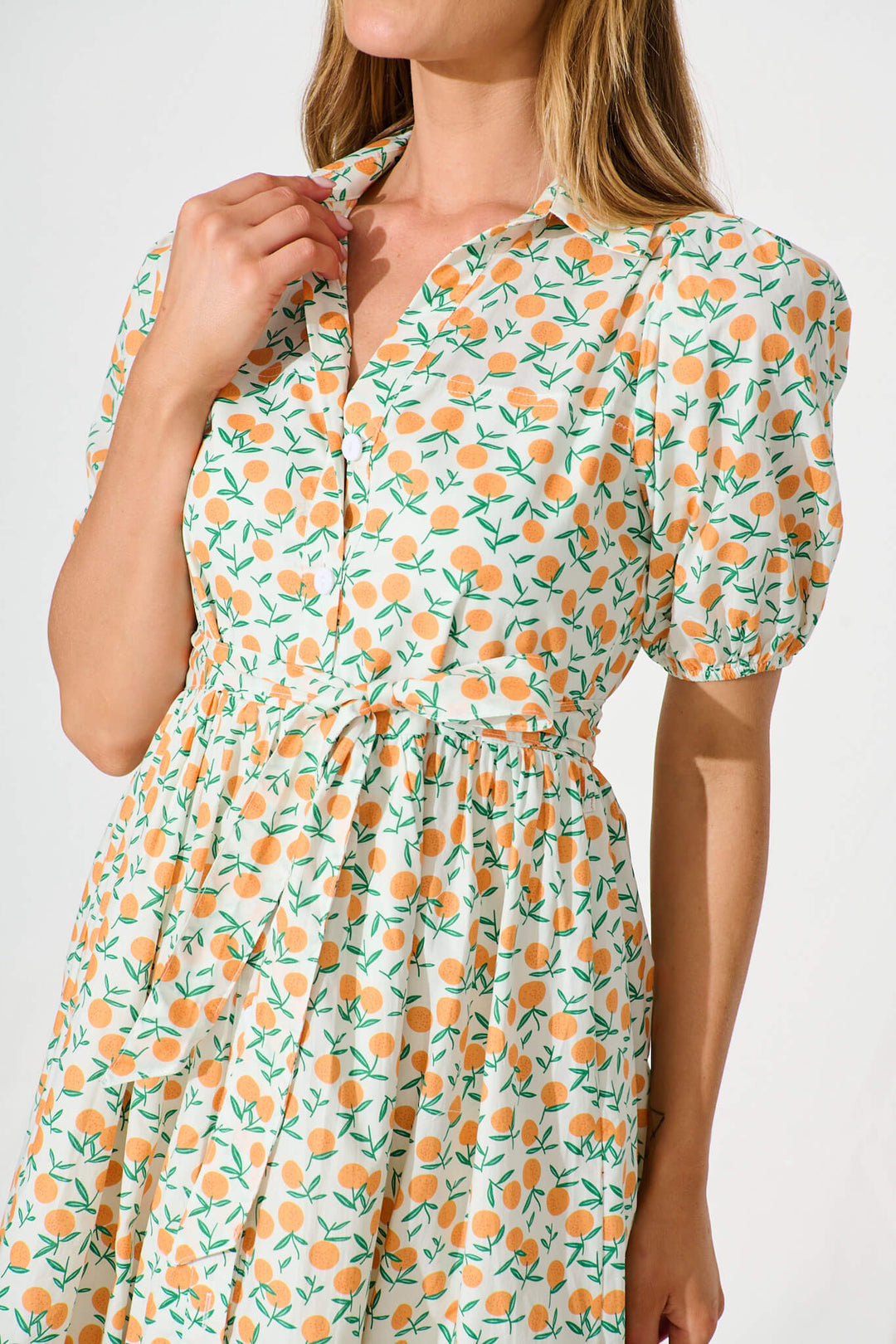 Delamere Midi Shirt Dress in White with Orange Print Cotton