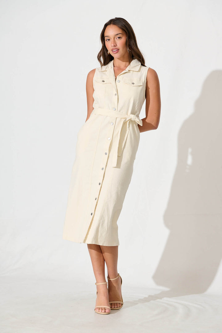 Lara Midi Shirt Dress in Off White Denim