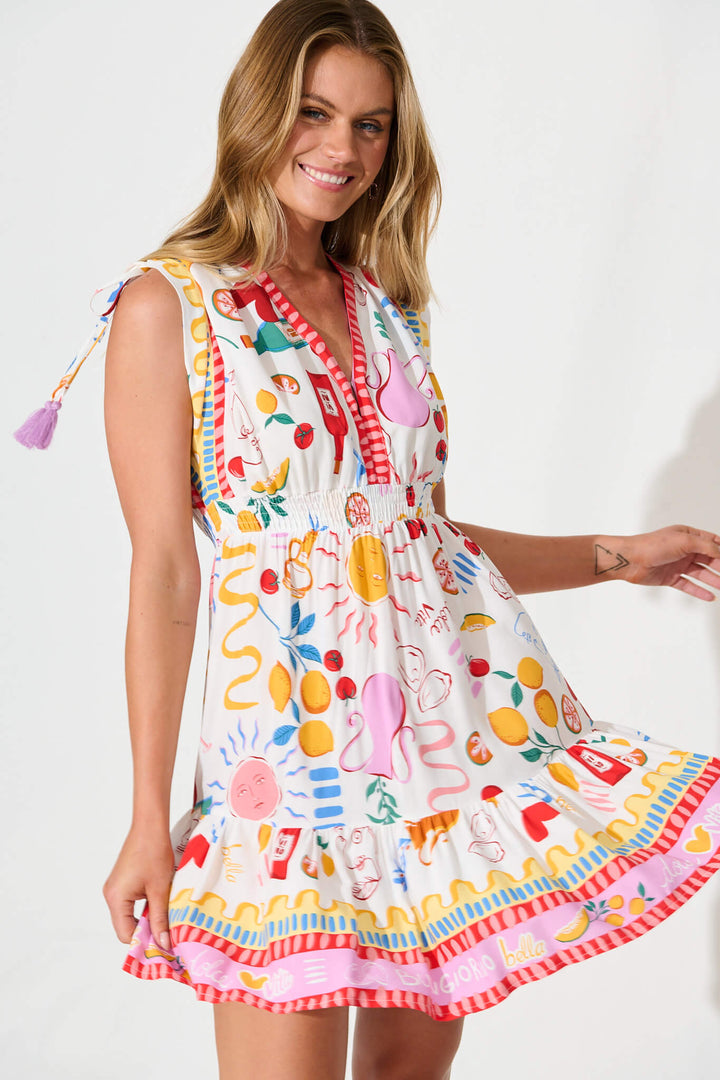 Alsbury Dress in White with Multi Summer Boho Print