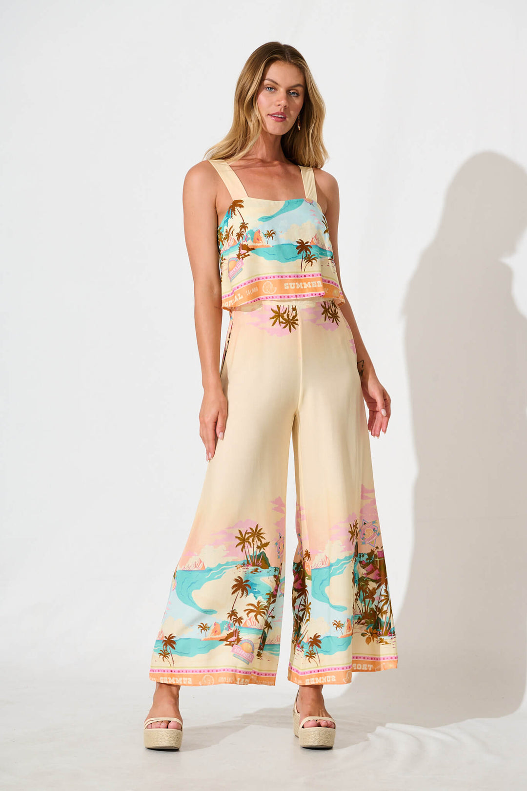 Sandcastle Jumpsuit in Beige with Multi Summer Print