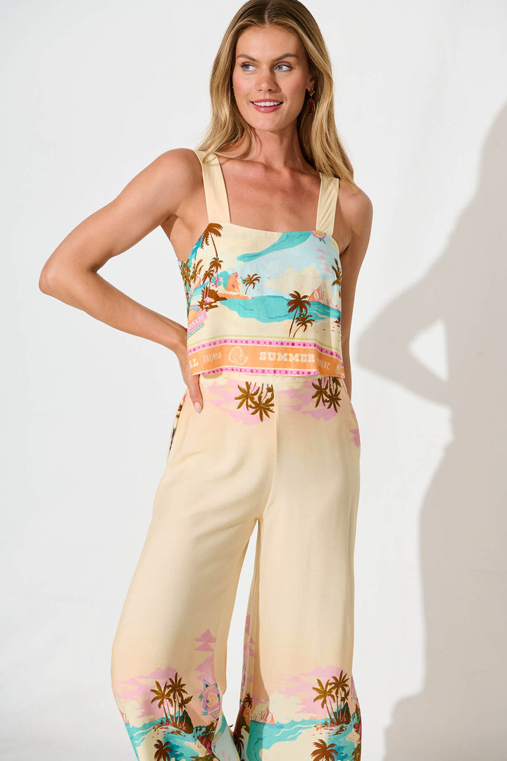 Sandcastle Jumpsuit in Beige with Multi Summer Print