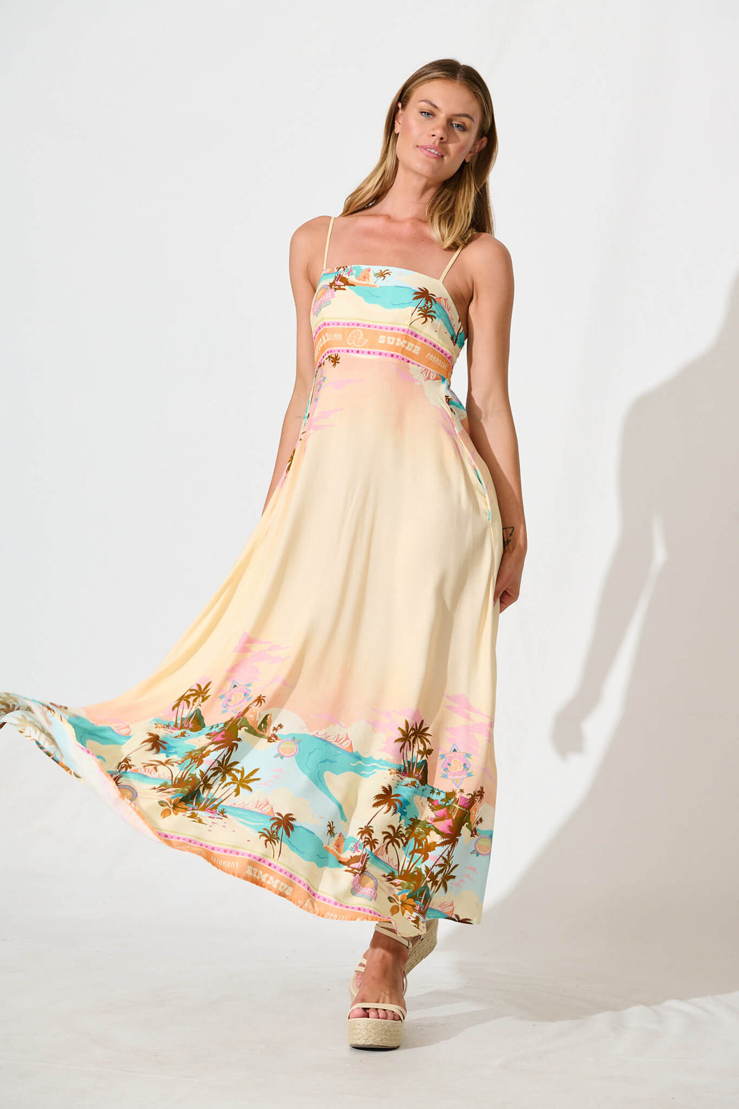 Willa Maxi Sundress in Beige with Multi Summer Print