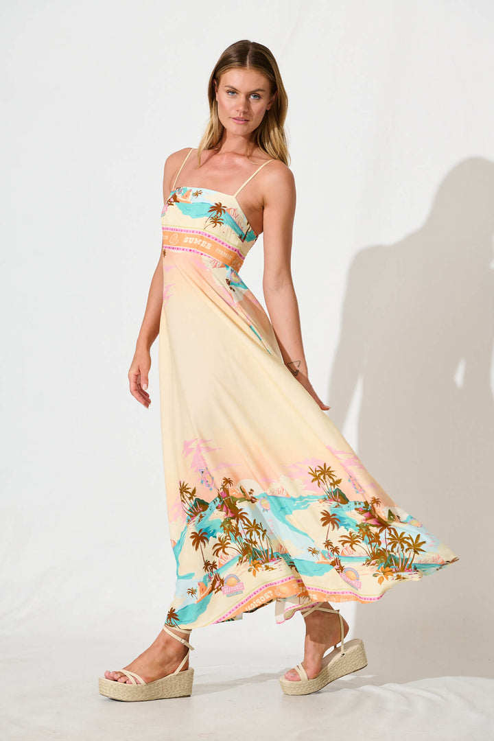 Willa Maxi Sundress in Beige with Multi Summer Print