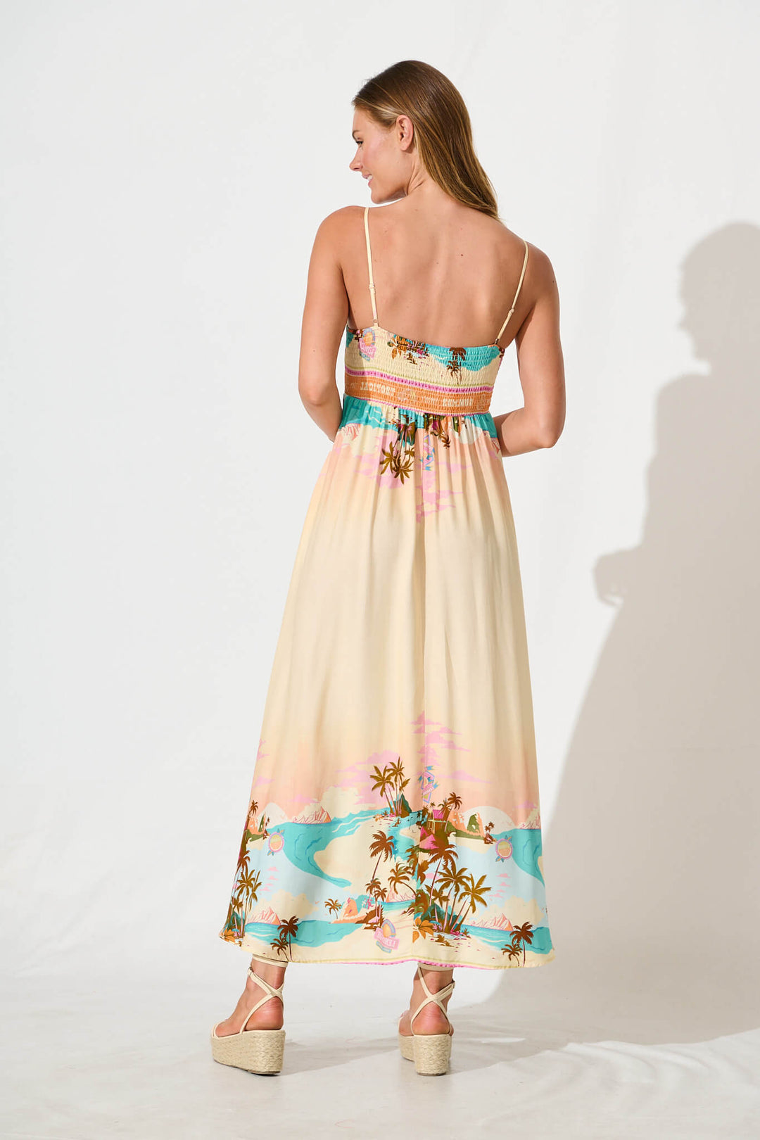 Willa Maxi Sundress in Beige with Multi Summer Print