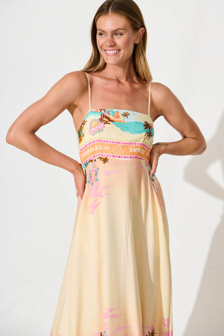 Willa Maxi Sundress in Beige with Multi Summer Print