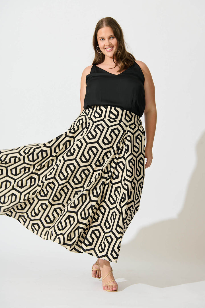 Brandsy Maxi Skirt In Cream With Black Geometric Print