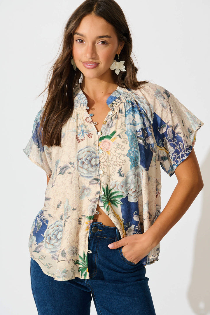 Lombard Top in Beige with Blue Multi Floral