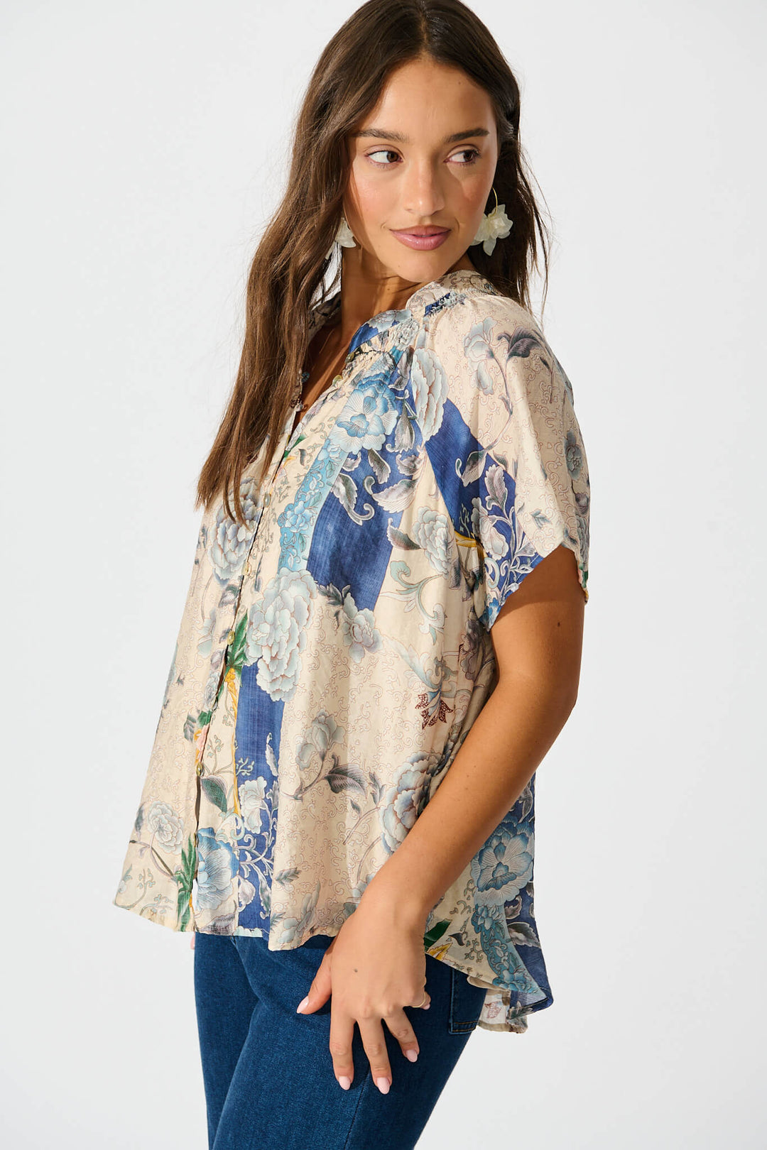 Lombard Top in Beige with Blue Multi Floral