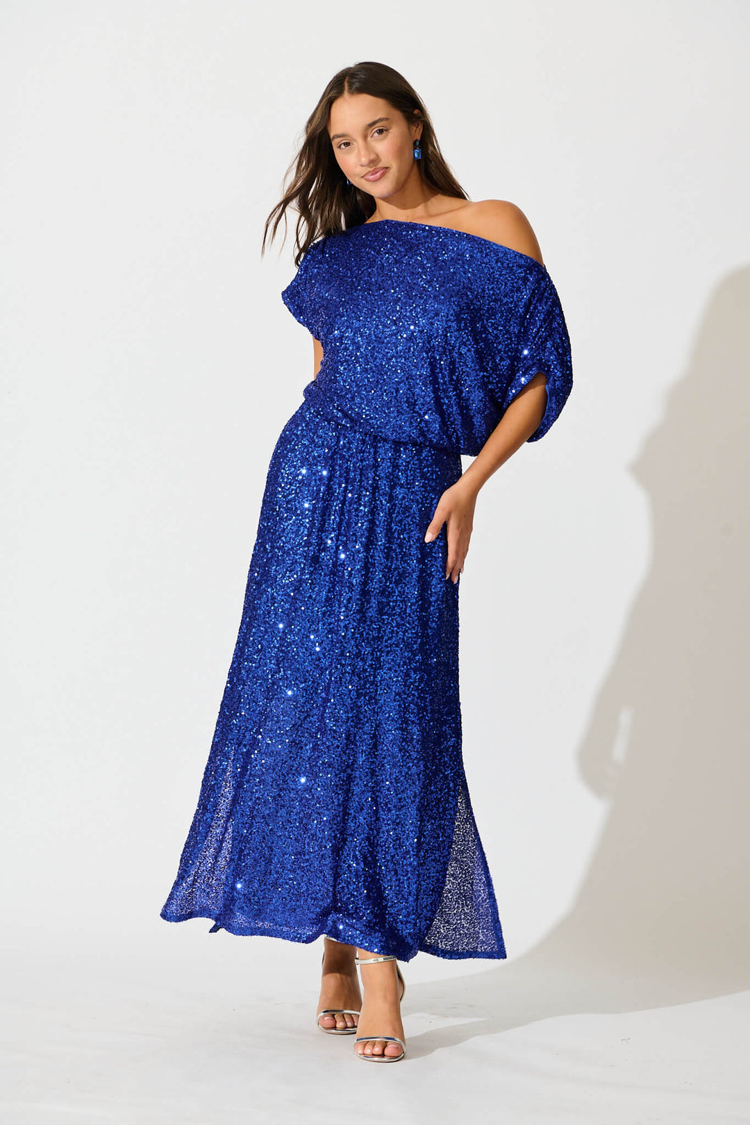 Amiri Off Shoulder Maxi Dress in Cobalt Blue Sequin