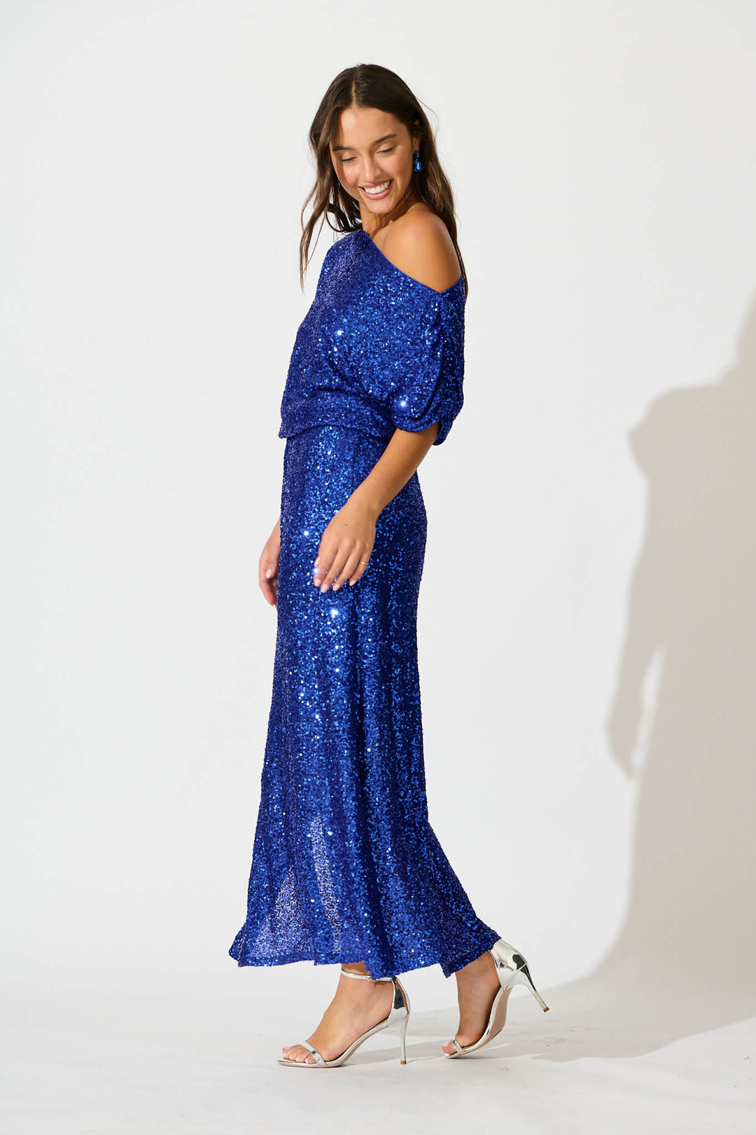 Amiri Off Shoulder Maxi Dress in Cobalt Blue Sequin