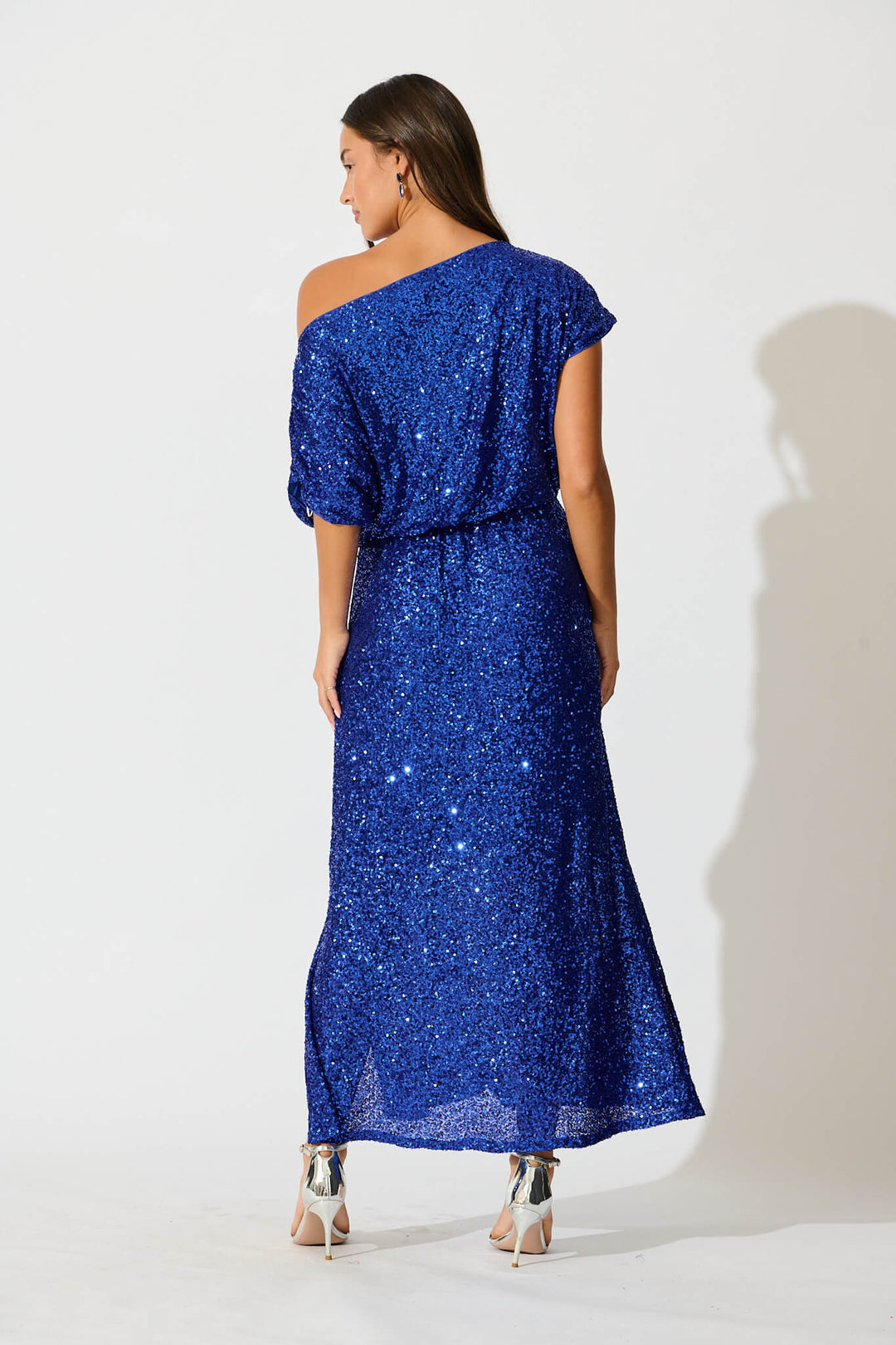 Amiri Off Shoulder Maxi Dress in Cobalt Blue Sequin