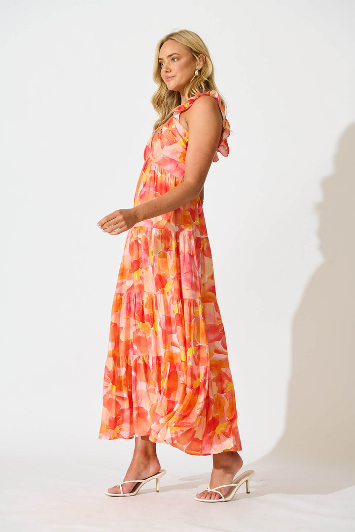 Monroe Maxi Sundress In Orange and Red Multi