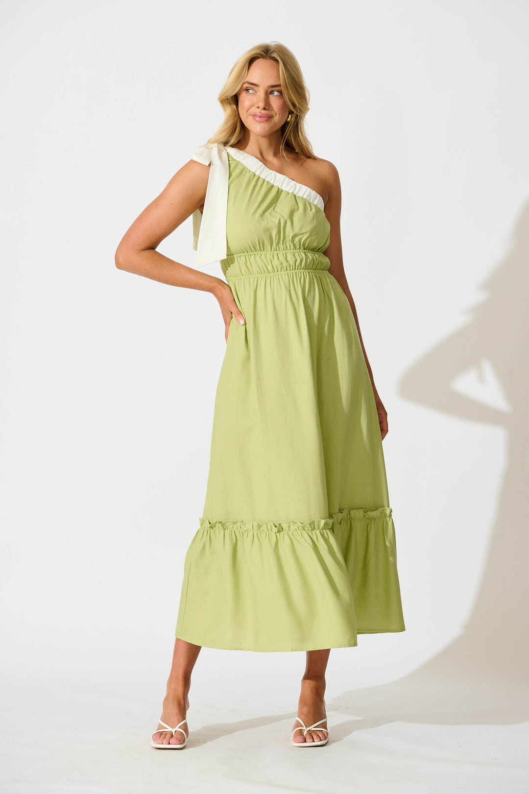 Elika One Shoulder Maxi Dress in Green with Contrast Trim