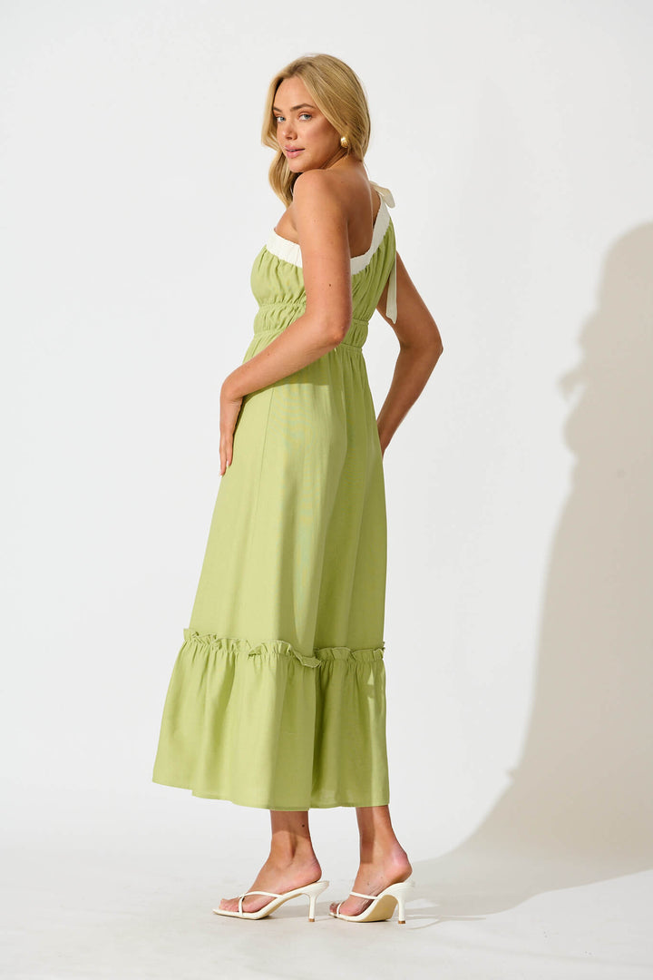 Elika One Shoulder Maxi Dress in Green with Contrast Trim