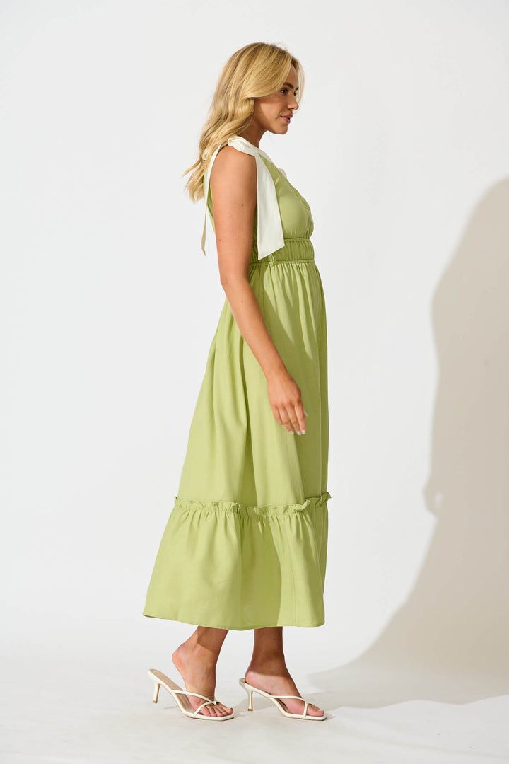 Elika One Shoulder Maxi Dress in Green with Contrast Trim