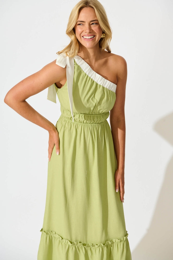 Elika One Shoulder Maxi Dress in Green with Contrast Trim