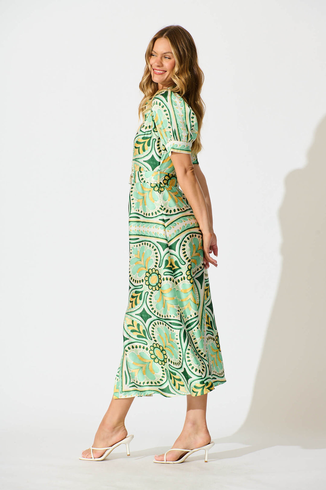 Halswell Maxi Shirt Dress In Green And Yellow Tile Print