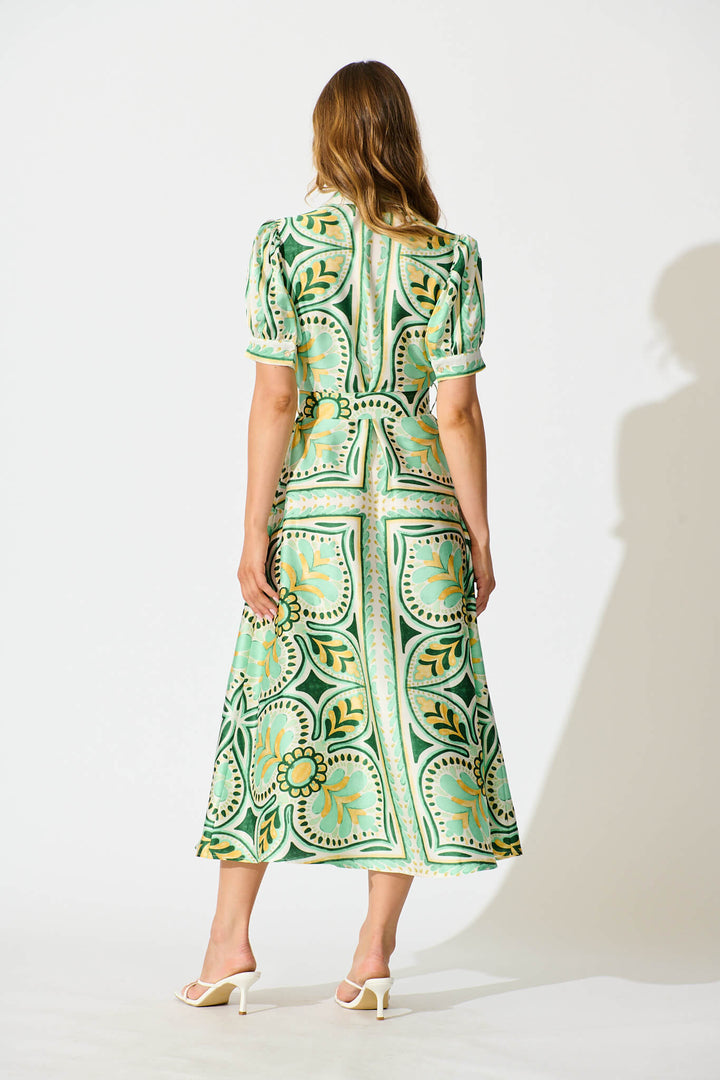 Halswell Maxi Shirt Dress In Green And Yellow Tile Print