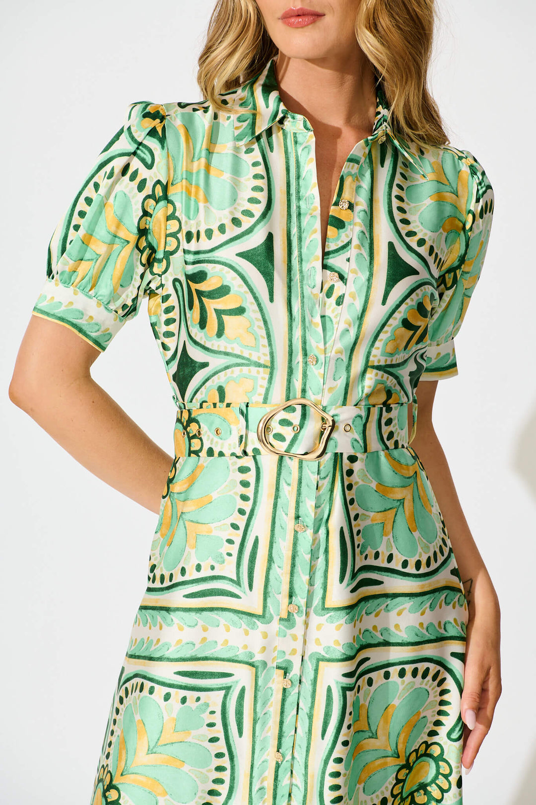 Halswell Maxi Shirt Dress In Green And Yellow Tile Print