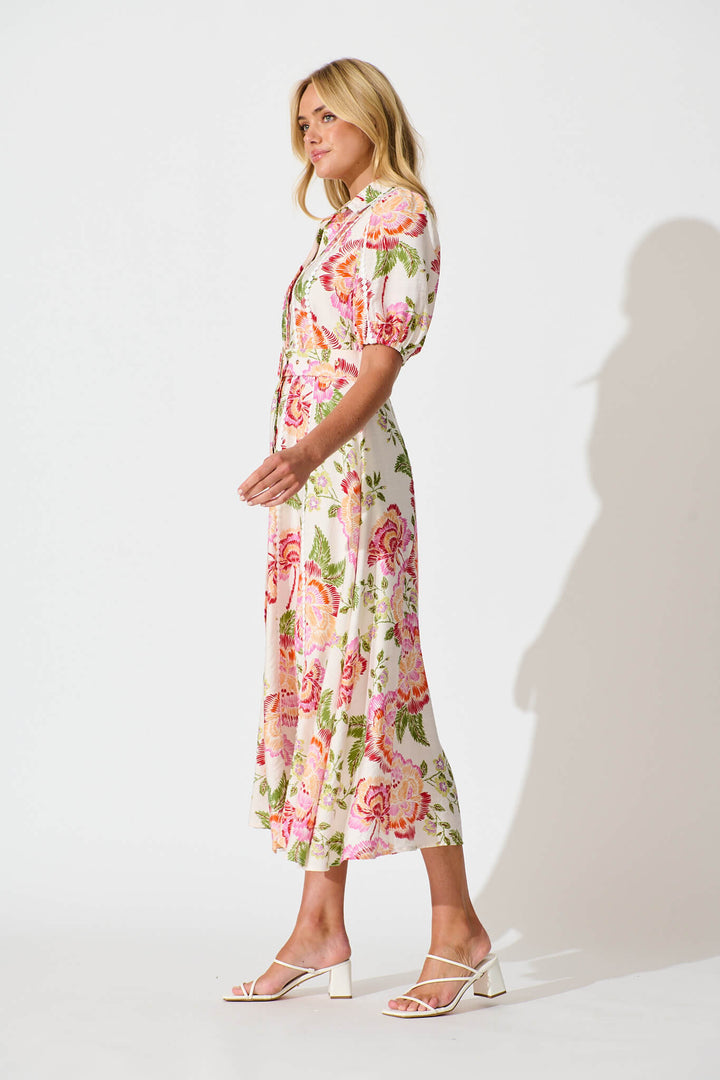 Adore Maxi Shirt Dress in Cream with Multi Floral