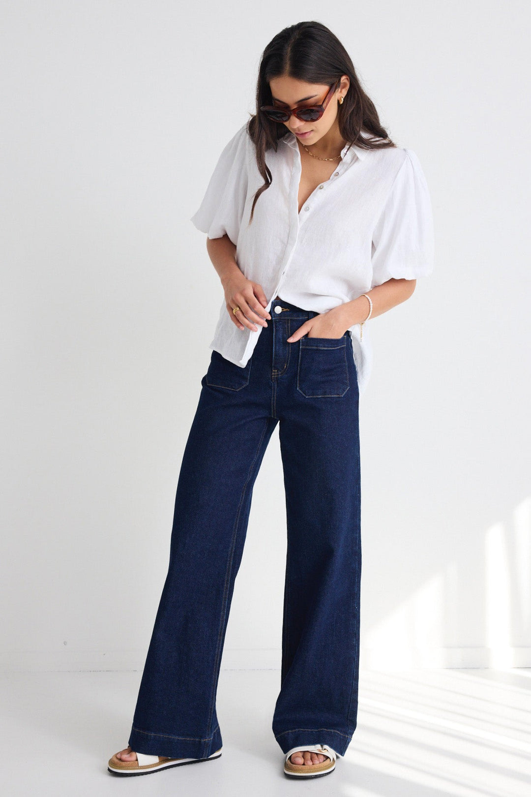 Indigo High Rise Wide Leg Pocket Jean