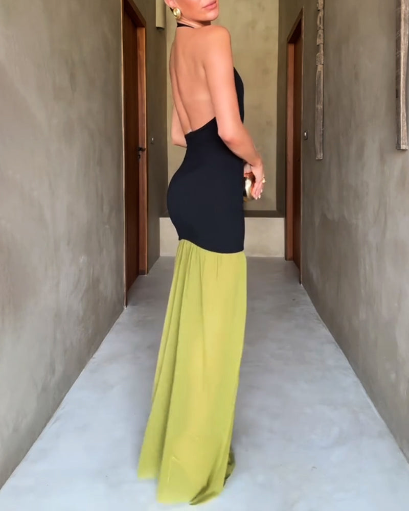 V-neck Backless Contrast Dress