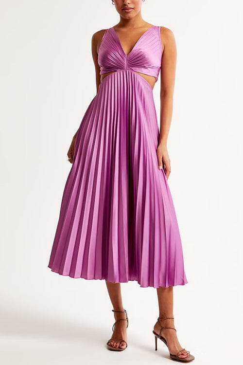 Sierra V Neck Cut Out Waist Sleeveless Pleated Maxi Dress