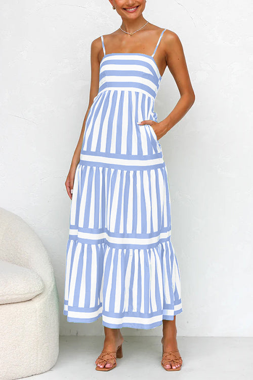 Sierra Spaghetti Strap Tiered Color Block Striped Maxi Dress