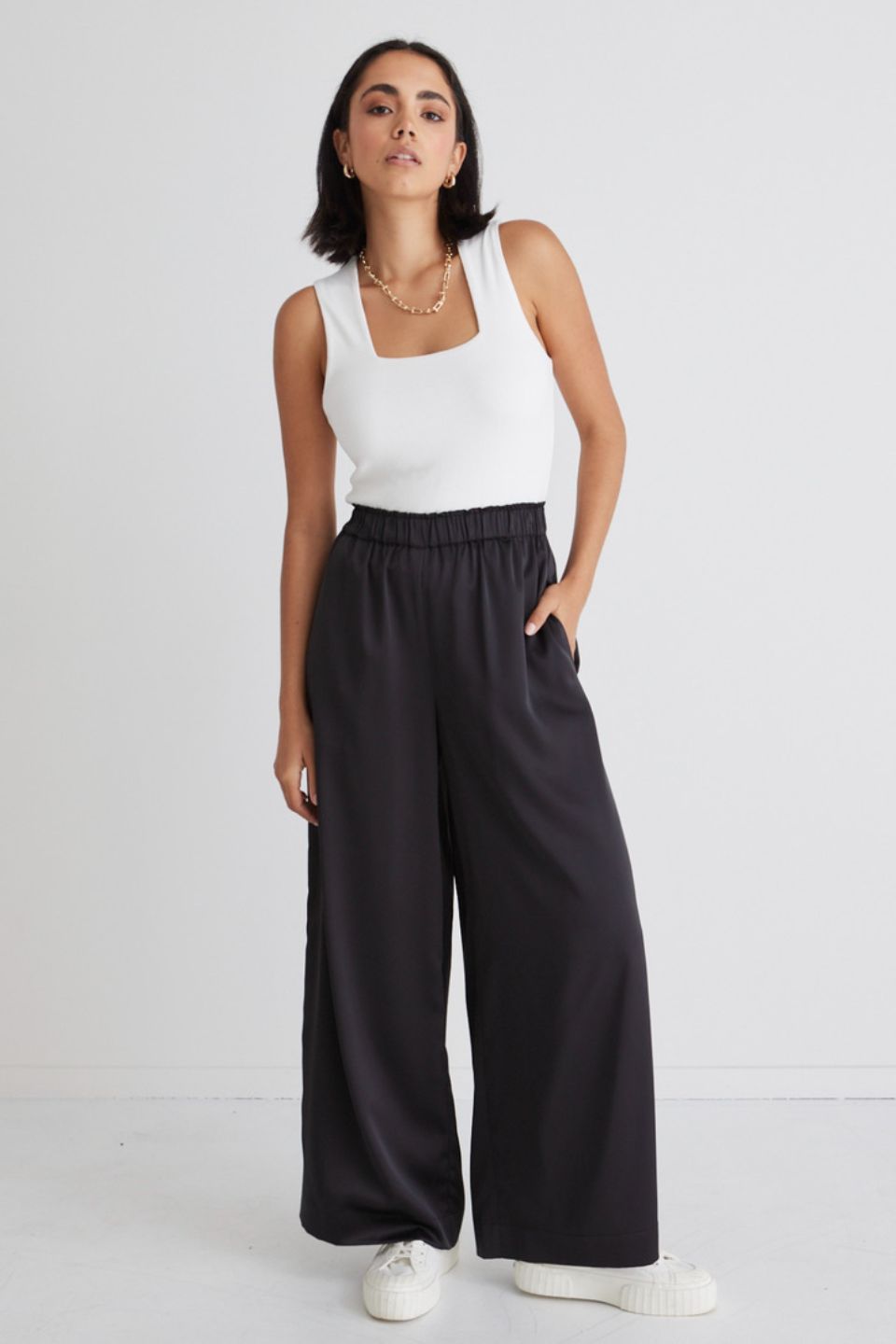 Luxury Black Satin Wide Leg Pants