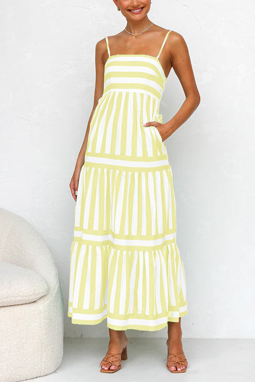 Sierra Spaghetti Strap Tiered Color Block Striped Maxi Dress