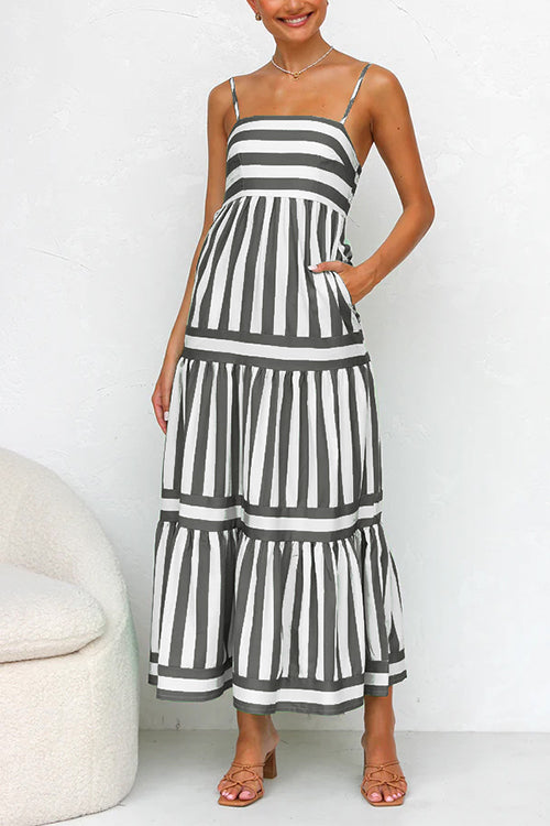 Sierra Spaghetti Strap Tiered Color Block Striped Maxi Dress