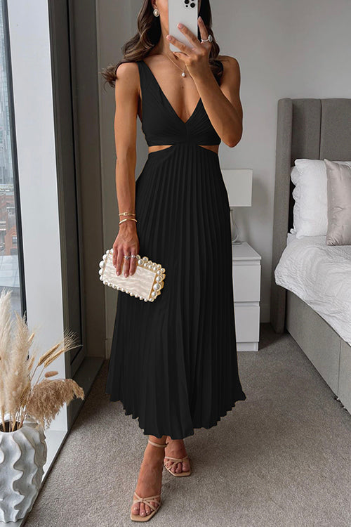 Sierra V Neck Cut Out Waist Sleeveless Pleated Maxi Dress