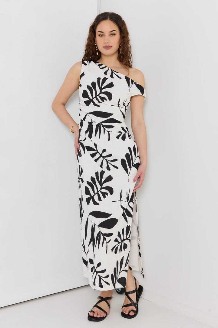 Classified Ivory Leaf Print Off Shoulder Tuck Maxi Dress