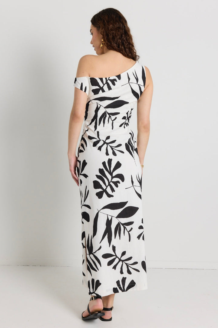 Classified Ivory Leaf Print Off Shoulder Tuck Maxi Dress