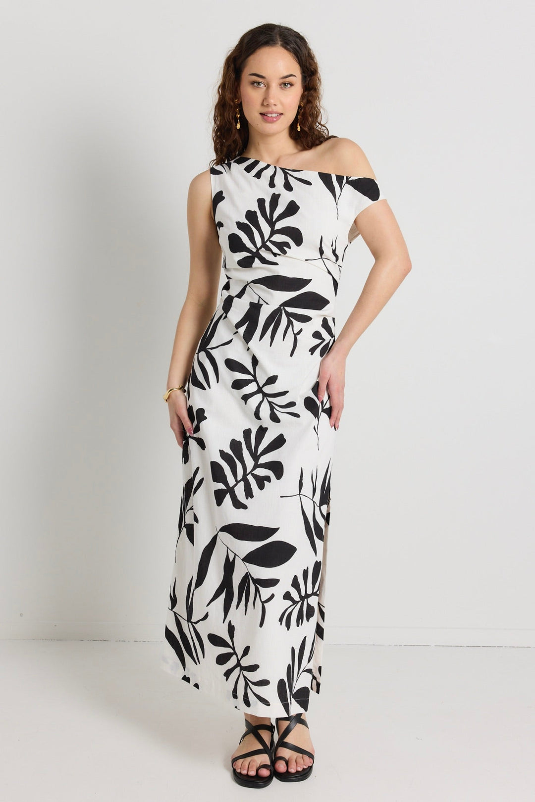 Classified Ivory Leaf Print Off Shoulder Tuck Maxi Dress