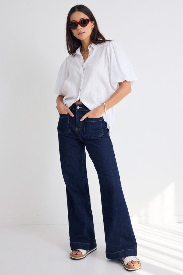 Indigo High Rise Wide Leg Pocket Jean