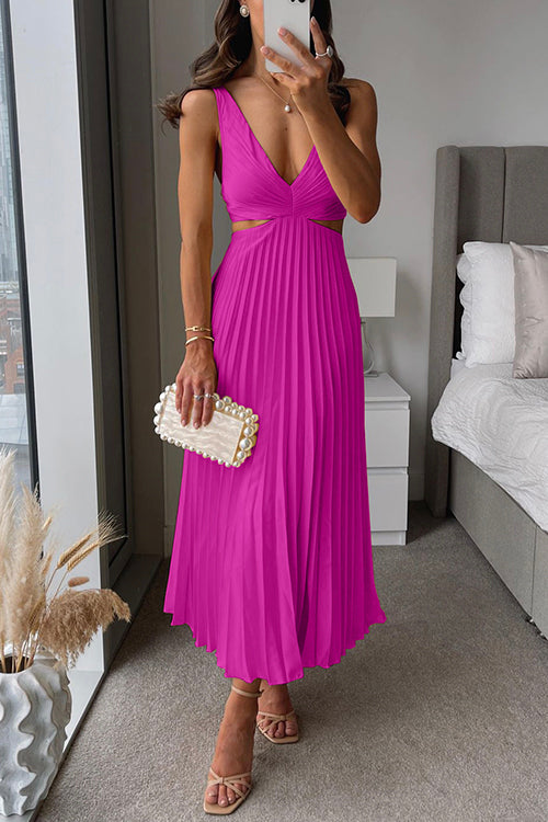 Sierra V Neck Cut Out Waist Sleeveless Pleated Maxi Dress