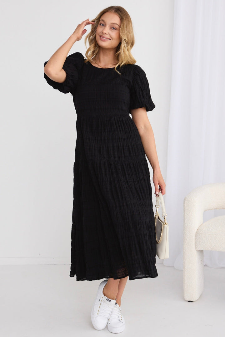 Graceful Black Shirred Cotton Bubble Sleeve Tiered Maxi Dress